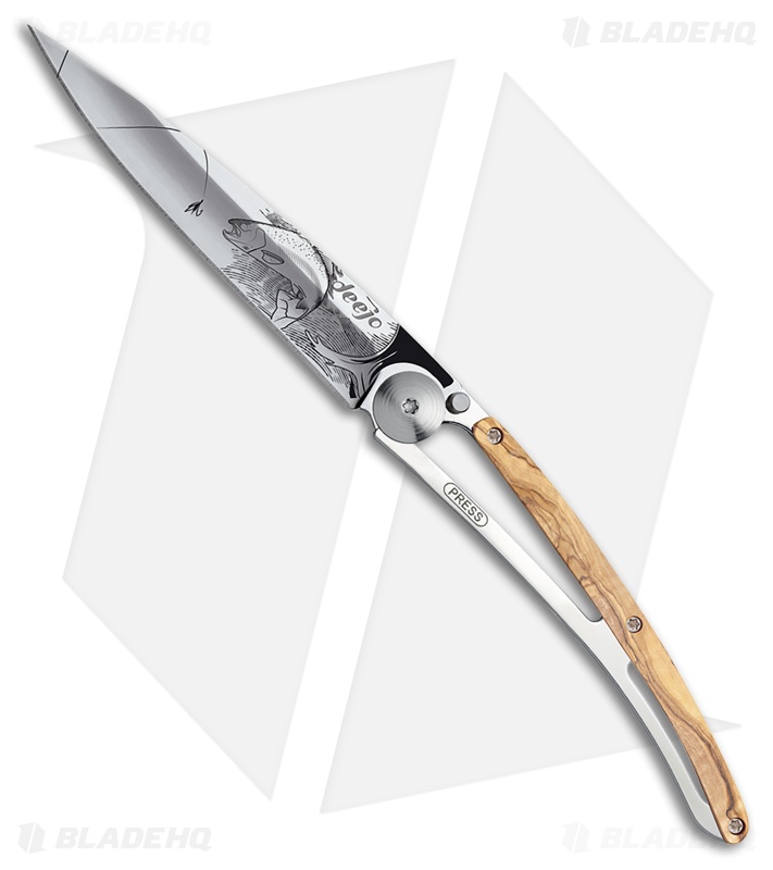 Deejo Trout 37g Frame Lock Knife Olive Wood/Steel (3.75" Satin)