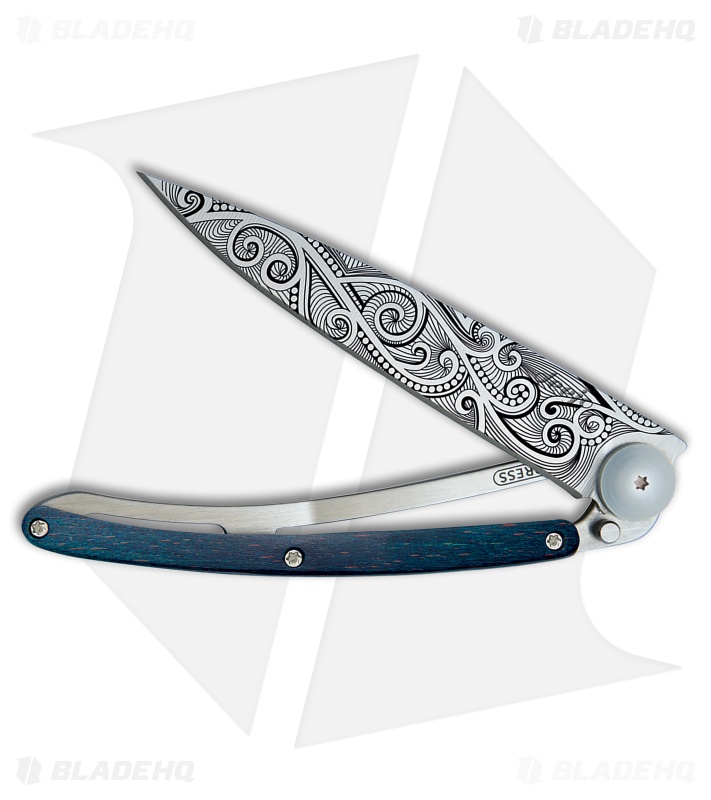 Deejo Pacific 37g Frame Lock Knife Blue Beech Wood/Steel (3.75" Satin)