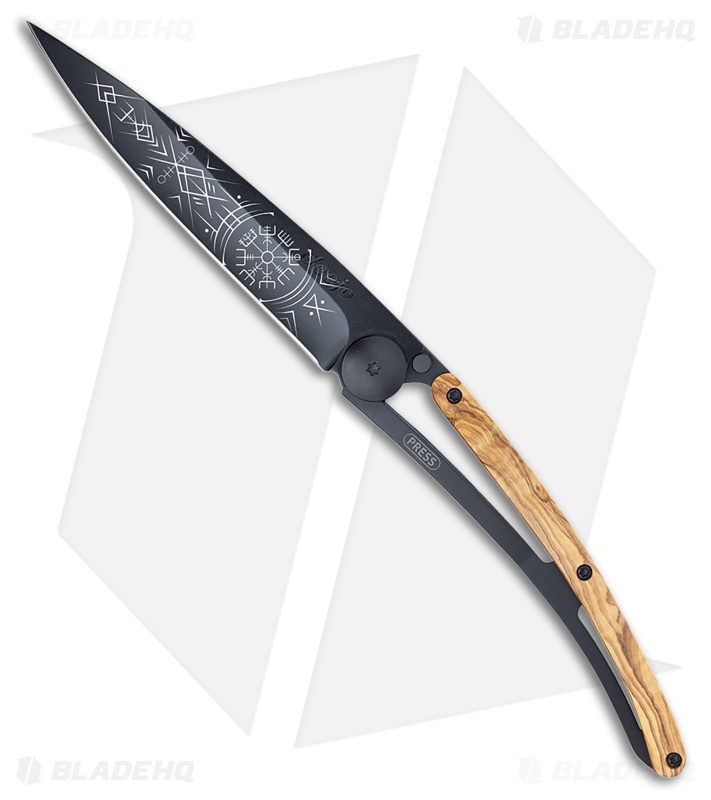 Deejo Viking 37g Frame Lock Knife Olive Wood/Black Steel (3.75" Black)