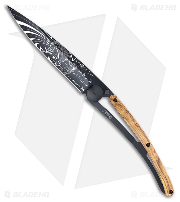 Deejo Samurai 37g Frame Lock Knife Olive Wood/Black Steel (3.75" Black)