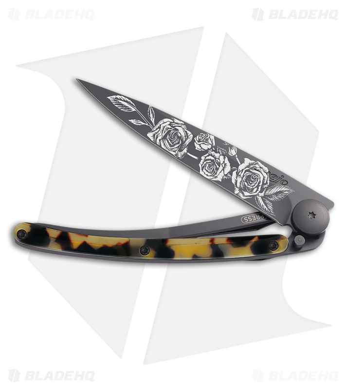 Deejo Roses 37g Frame Lock Knife Dark Turtle Polymer/Black Steel (3.75" Black)