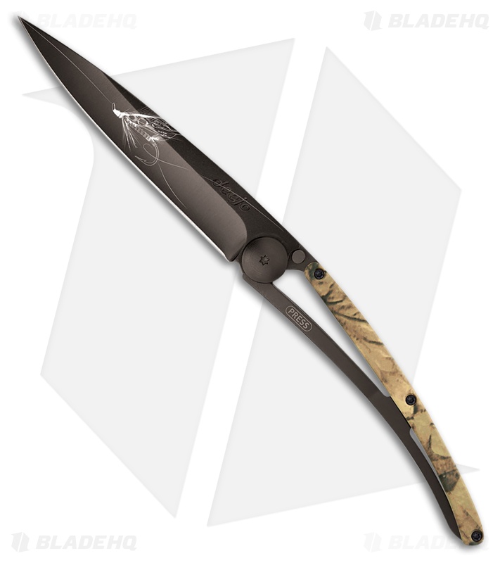 Deejo Silver 37g Frame Lock Knife Brown Camo Polymer/Black Steel (3.75" Black)