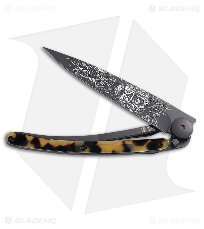 Deejo Lion 27g Frame Lock Knife Dark Turtle/Black Steel (3.2" Black)