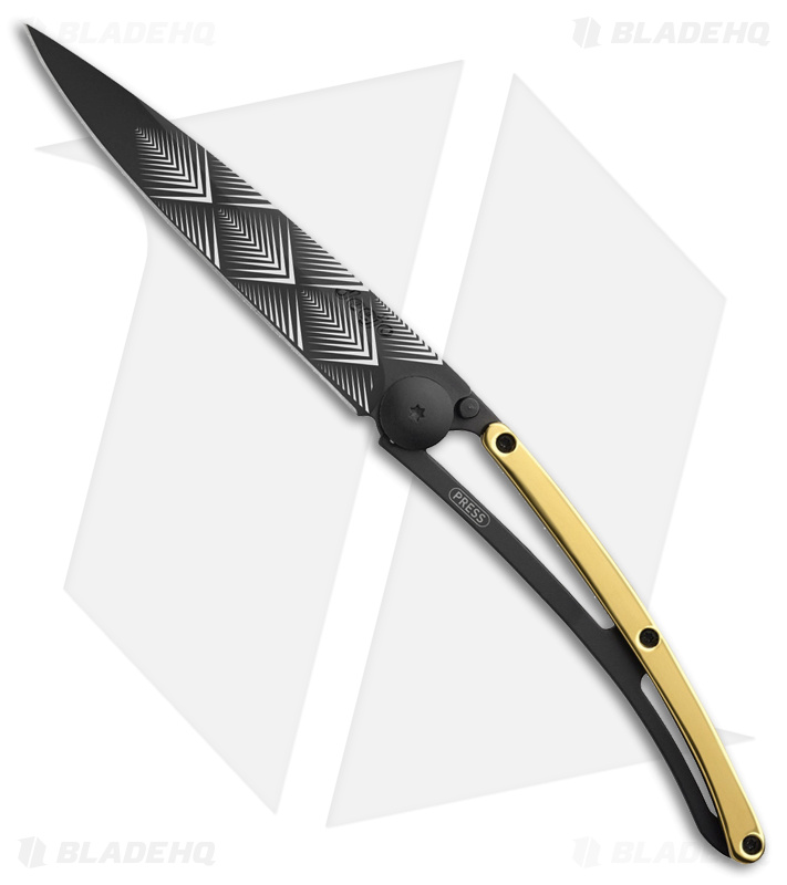 Deejo 27g Art Deco Ultra-Light Liner Lock Knife Yellow Gold (3" Black)