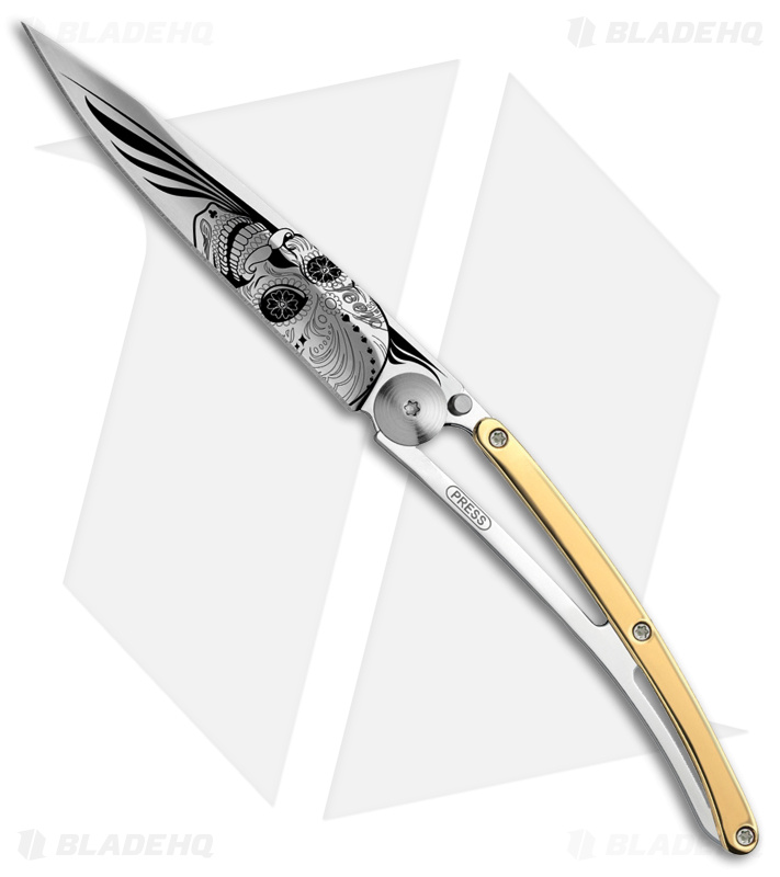 Deejo 27g Latino Skull Ultra-Light Liner Lock Knife Yellow Gold (3" Satin)