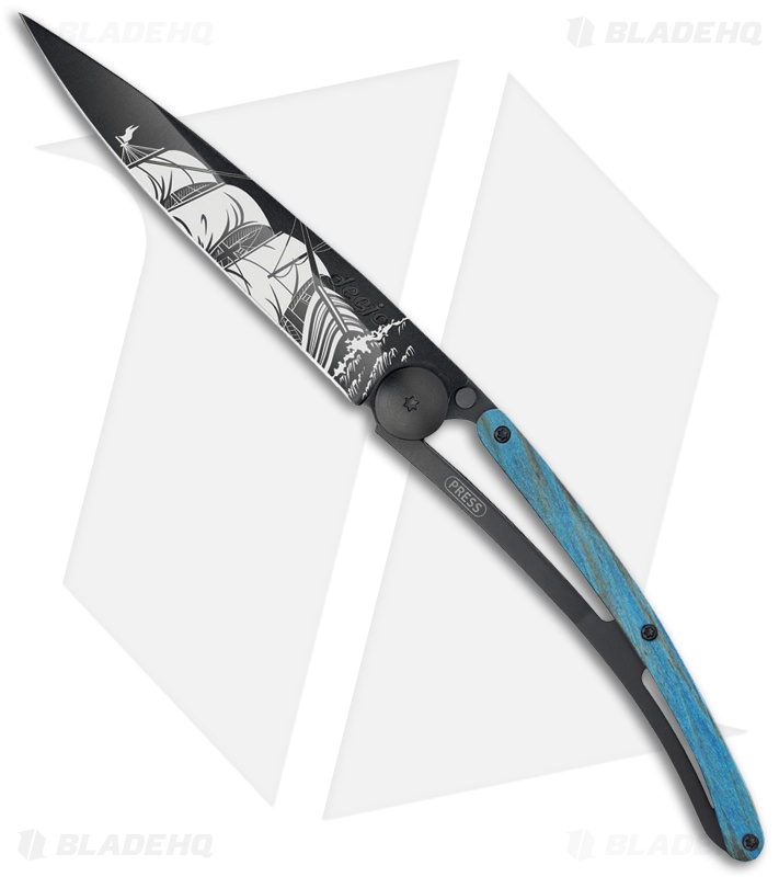 Deejo 37g Corsair Ultra-Light Frame Lock Knife Blue Beech Wood (3.75" Satin)