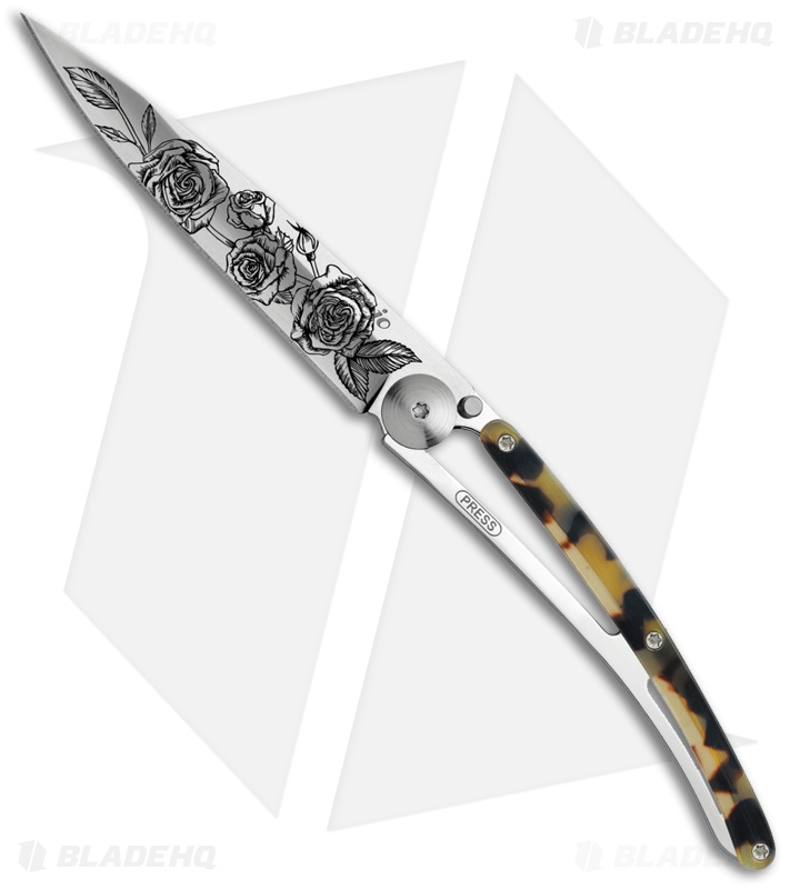 Deejo Wood 37g Ultra-Light Knife Dark Turtle Roses (3.75" Satin)