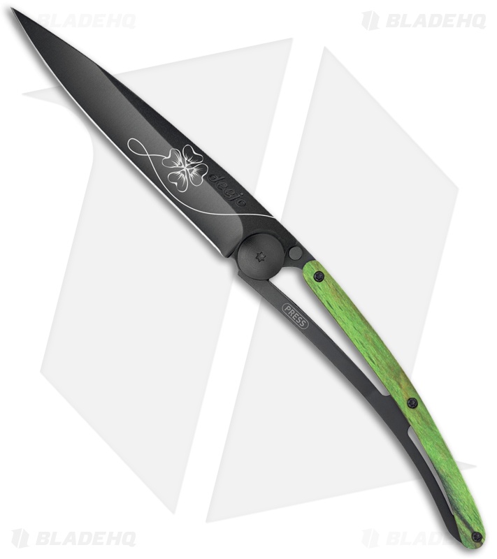 Deejo 37g Lucky Charm Ultra-Light Liner Lock Knife Green Wood (3.75" Black)