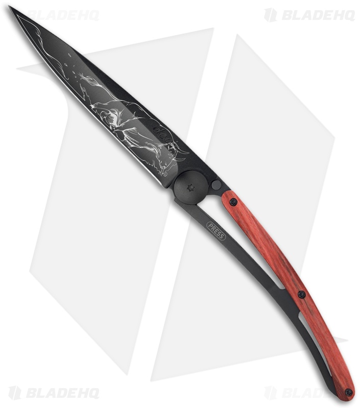 Deejo 37g Bull Ultra-Light Liner Lock Knife Red Beech Wood (3.75" Black)