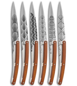 Deejo Steak Knives Art Deco Drop Point Coral Wood - Set of 6