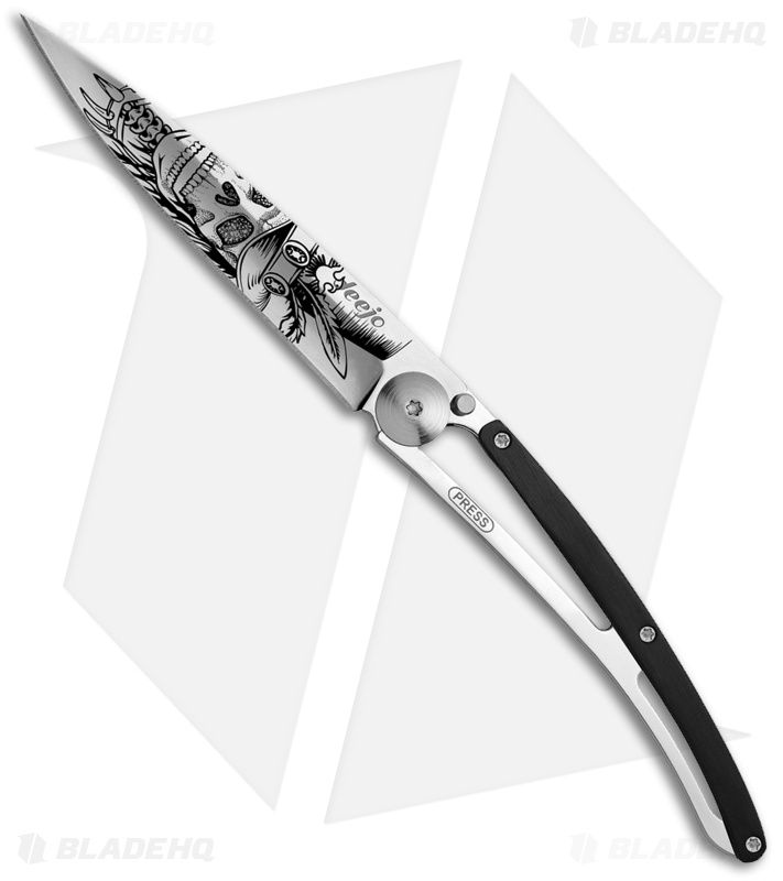 Deejo Mirror 37g Dandy Skull Ultra-Light Frame Lock Knife Ebony (3.75" Satin)