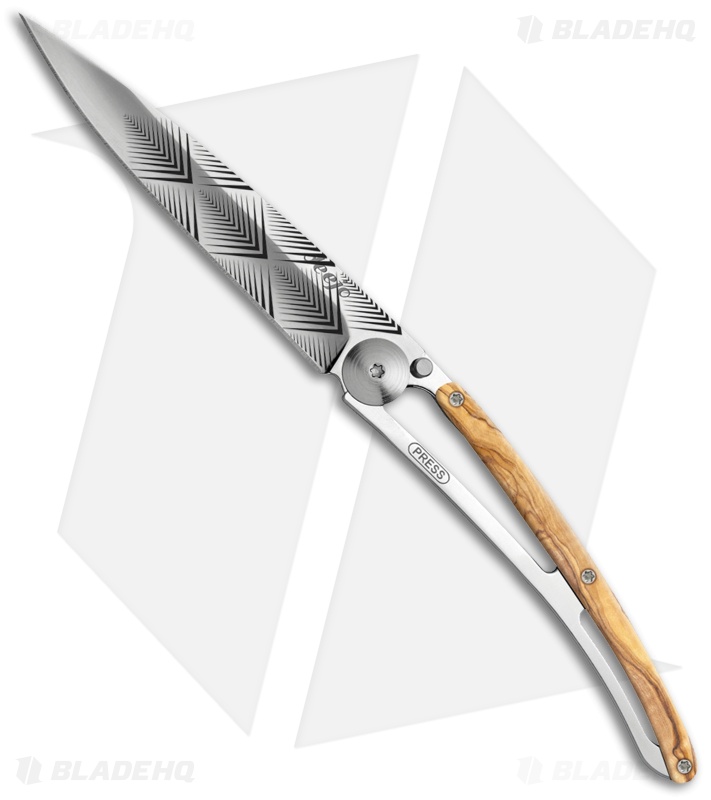Deejo Mirror 37g Art Deco Ultra-Light Frame Lock Knife Olive Wood (3.75" Satin)