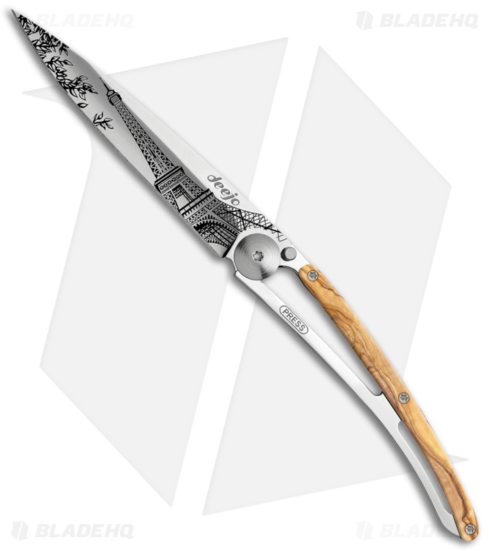 Deejo Mirror 37g Eiffel Tower Frame Lock Knife Olive Wood (3.75" Satin)