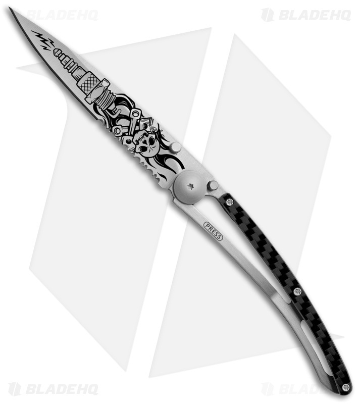 Deejo 37g Biker Frame Lock Knife Carbon Fiber (3.75" Satin Serrated)