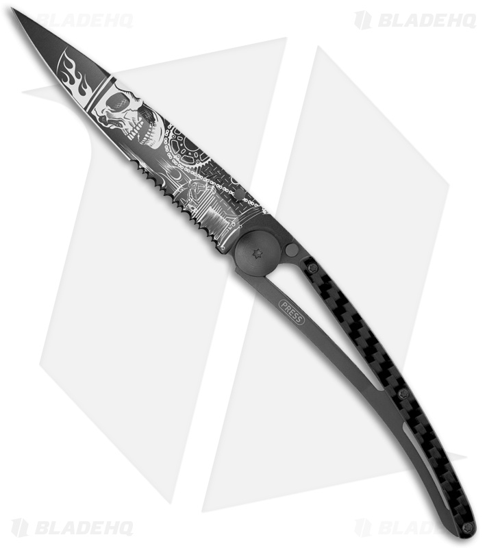 Deejo 37g Ride Or Die Ultra-Light Serrated Liner Lock Knife CF (3.75" Black)
