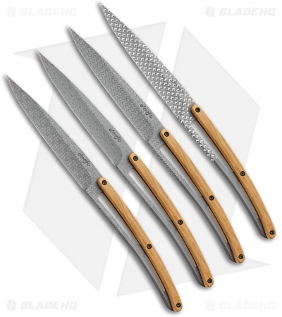 Deejo Geometry Steak Knives w/Olivewood Handles (4.25" Black Ti) - Set of 4