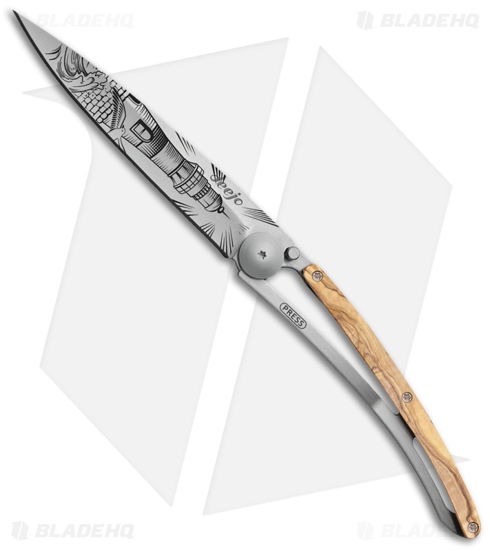 Deejo Tattoo 37g Lighthouse Ultra-Light Frame Lock Knife Olive Wood (3.7" Satin)