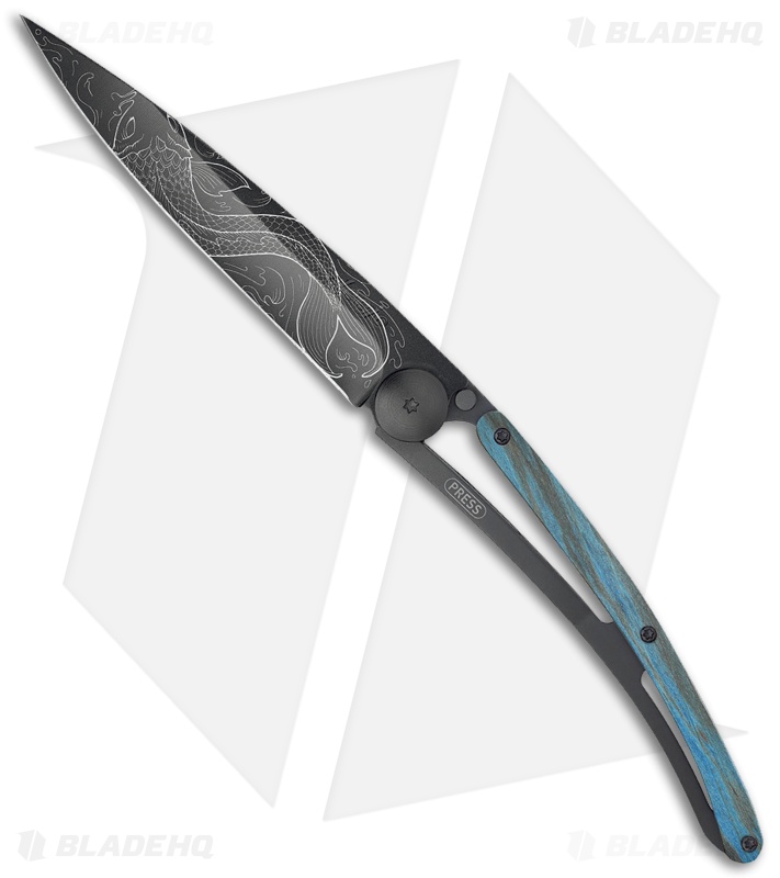 Deejo 37g Fish Ultra-Light Liner Lock Knife Blue Beech Wood (3.75" Black)