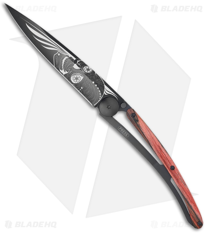 Deejo 37g Latino Skull Ultra-Light Liner Lock Knife Red Beech Wood (3.75" Black)