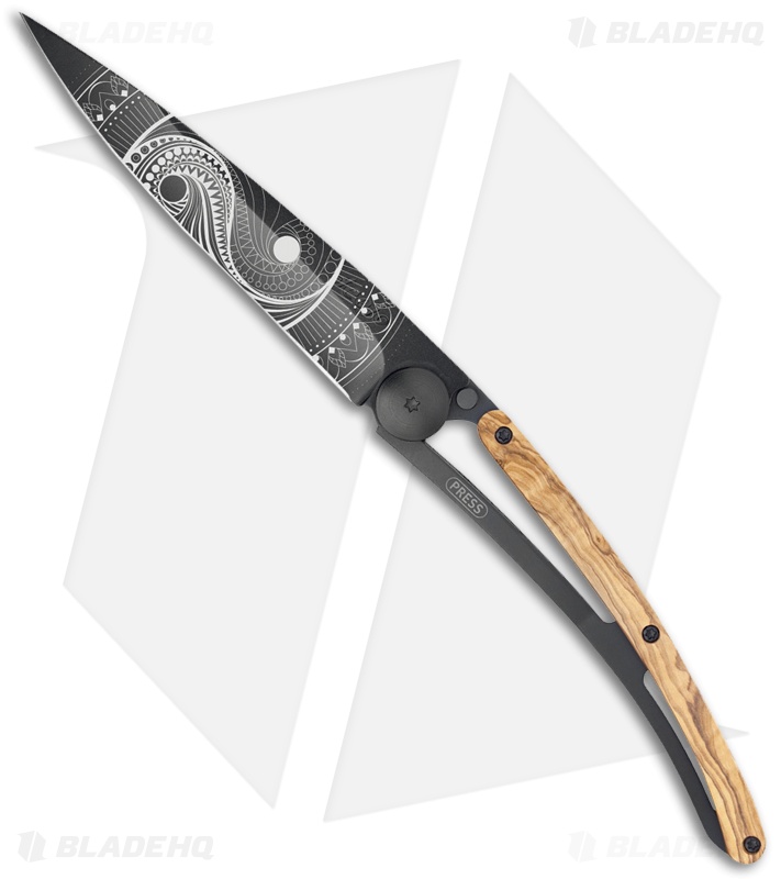 Deejo Tattoo Black 37g YinYang Frame Lock Knife Olive Wood (3.75" Black)