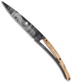 Deejo Tattoo Black 37g YinYang Frame Lock Knife Olive Wood (3.75" Black)