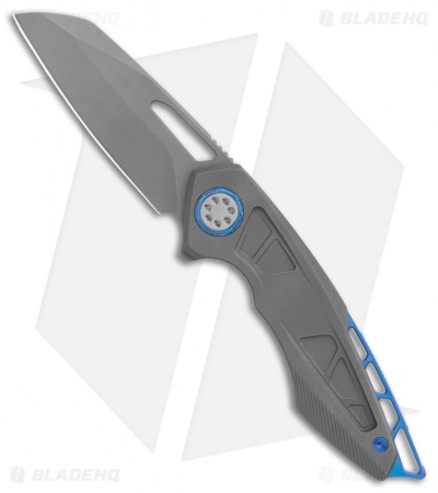 EOS Neptune Flipper Knife Bead Blast Ti w/ Blue Hardware (3.1" Bead Blast)