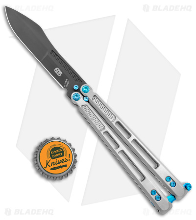 EOS Trident Balisong Butterfly Knife Satin Titanium w/ Blue (4.5" Black S30V)