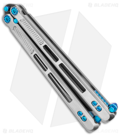 EOS Trident Balisong Butterfly Knife Satin Titanium w/ Blue (4.5" Black S30V)