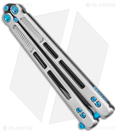 EOS Trident Balisong Butterfly Knife Satin Titanium w/ Blue (4.5" Black S30V)