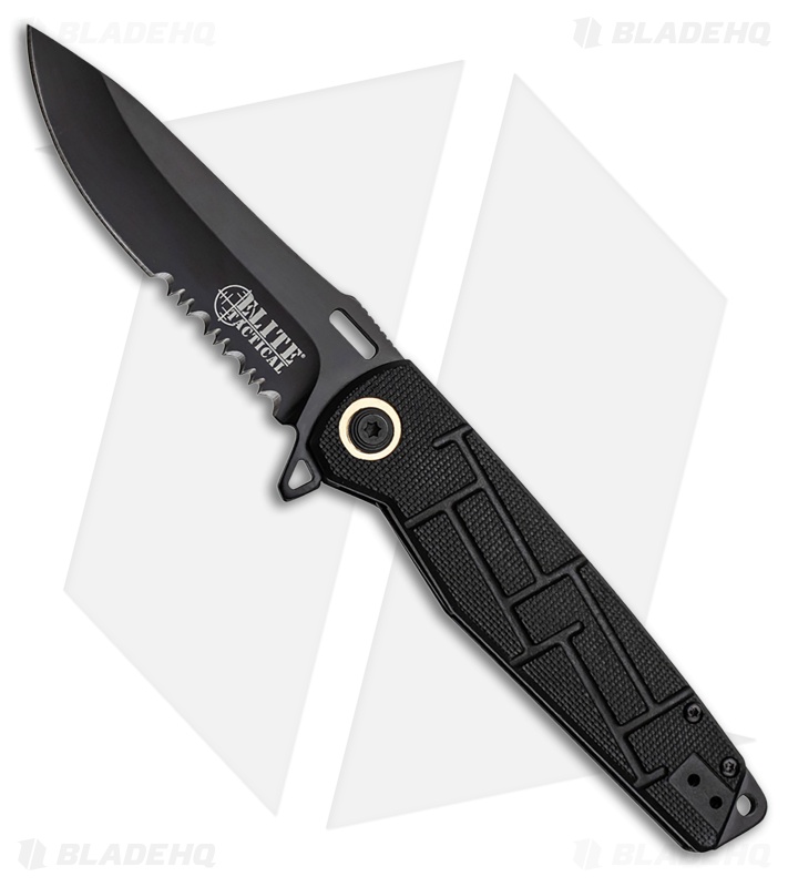 Elite Tactical Folder Liner Lock Knife Black Textured G-10 (3.5" Black Serr)