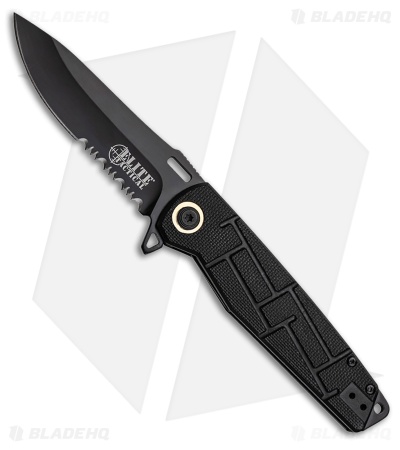 Elite Tactical Folder Liner Lock Knife Black Textured G-10 (3.5" Black Serr)