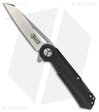 Elite Tactical Folder Liner Lock Knife Black G-10 w/ Blue Ring (3.5" Satin)