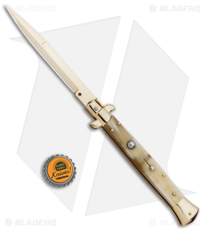 Frank B 11" Italian Stiletto Bayo Automatic Knife Honey Horn 5" Gold) 