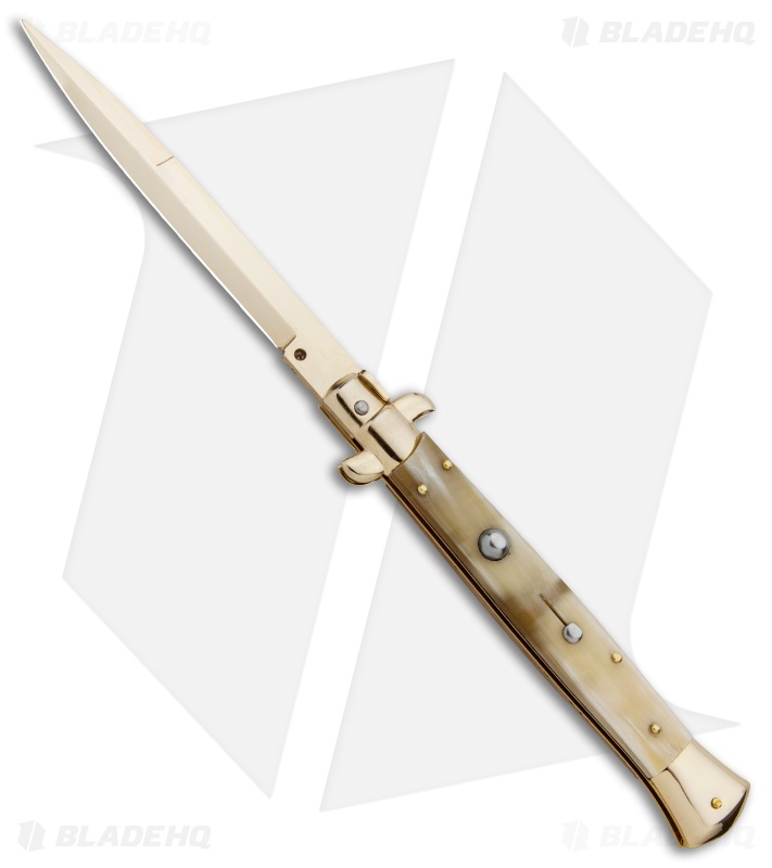 Frank B 11" Italian Stiletto Bayo Automatic Knife Honey Horn 5" Gold) 