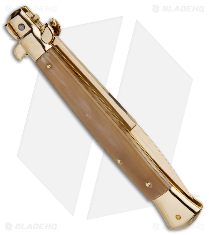 Frank B 11" Italian Stiletto Bayo Automatic Knife Honey Horn 5" Gold) 