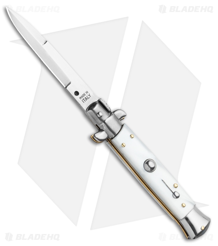 Frank B. 7.5" Italian Stiletto Automatic Knife White Pearlex (3.4" Satin Bayo)