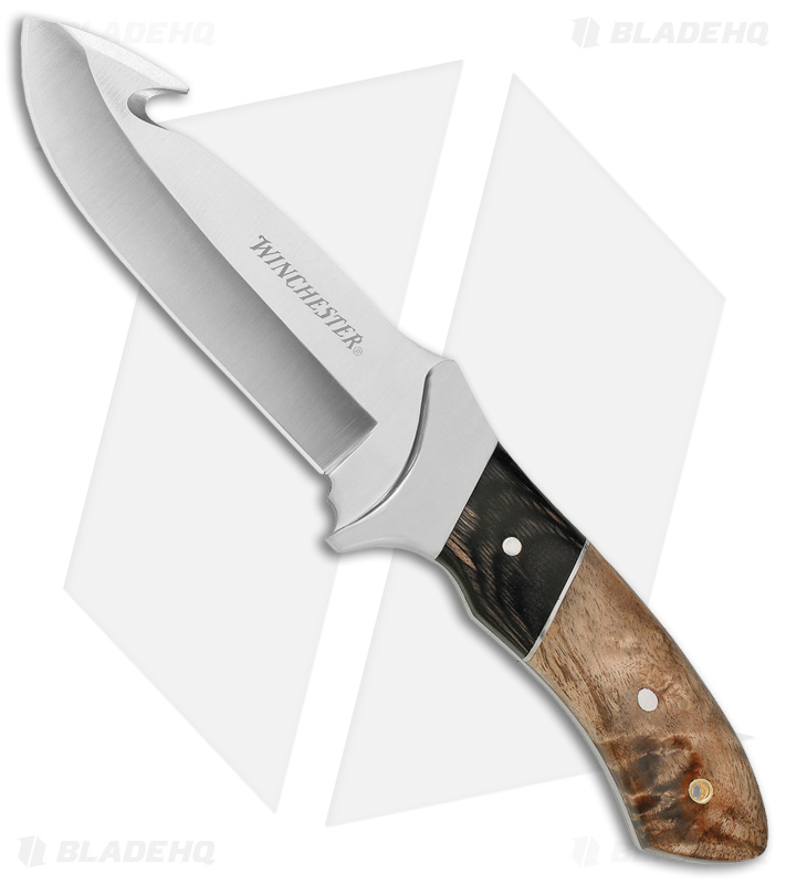 Winchester Knives Large Fixed Blade Gut Hook Knife Burl Wood (5" Satin)