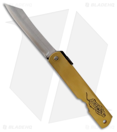 Higonokami Warikomi Folder Tiger Brass Handle (3.00" Stonewash)