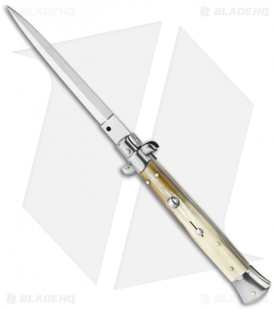 Frank B 11" Italian Stiletto Automatic Knife Blonde Horn (5" Satin Bayo) 