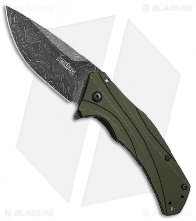 Kershaw Knockout Assisted Opening Knife OD Green (3.25" Damascus) 1870OLDAM