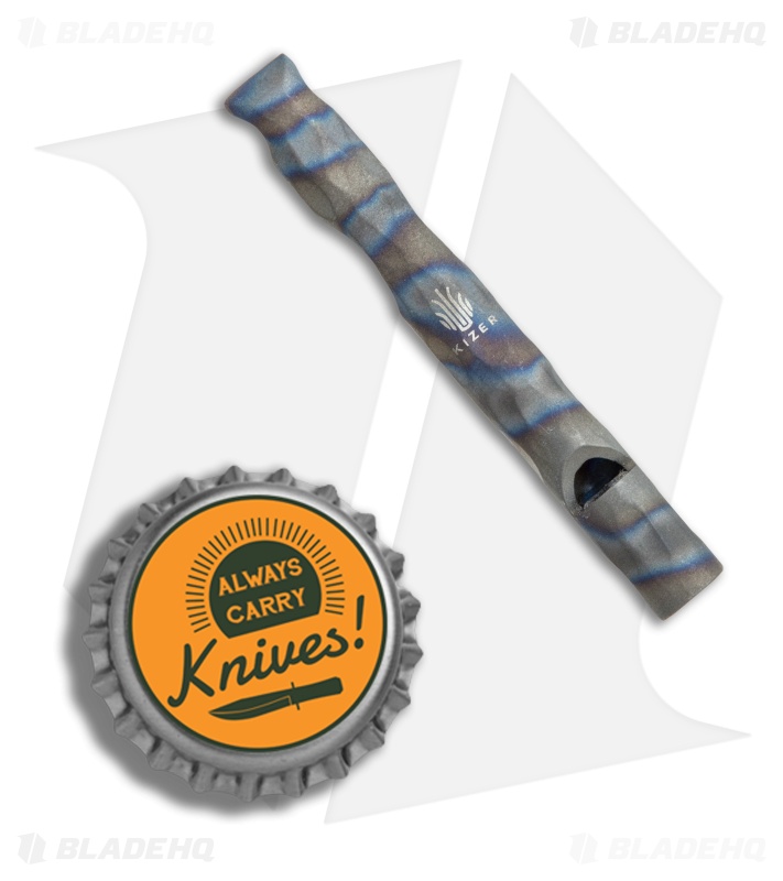 Kizer Siren 1 EDC Whistle Bottle Opener Keychain - Flamed Sculpted Ti