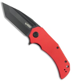 Kubey Bravo One Tanto Liner Lock Knife Red G-10 (3.39" Black Stonewash)