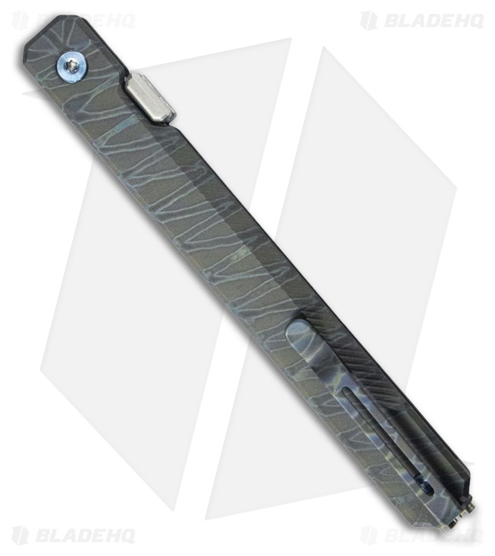 Kubey Knives Prism Button Lock Knife Blue/Gray Flame Titanium (3.5" Bead Blast)