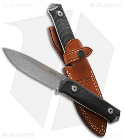 LionSteel Bushcraft B41 Fixed Blade Knife Black G-10 (4" Stonewash)