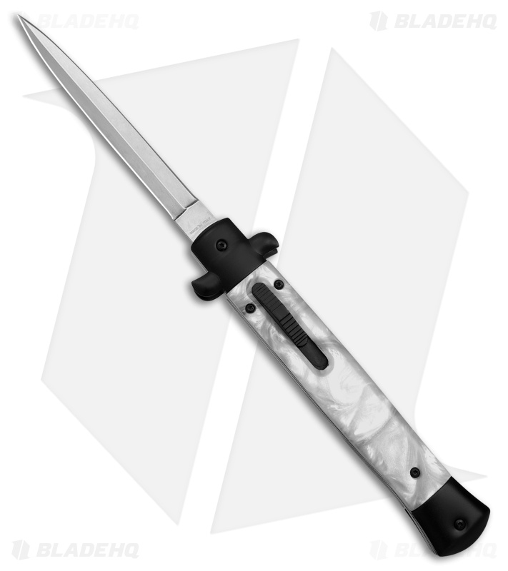 Mago 11" White Marble Italian Stiletto OTF Auto Knife Blk Bolsters Dagger w/Clip