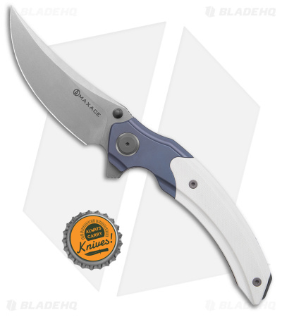 Maxace Rock Linerlock Knife White G-10 + Blue Titanium (4" Stonewash M390)
