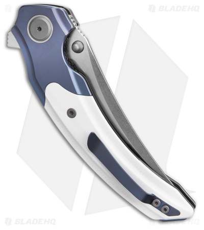Maxace Rock Linerlock Knife White G-10 + Blue Titanium (4" Stonewash M390)