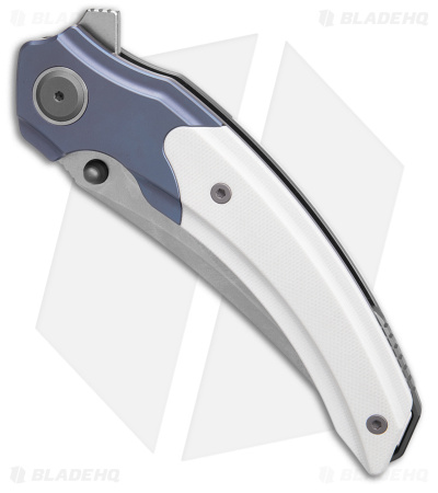 Maxace Rock Linerlock Knife White G-10 + Blue Titanium (4" Stonewash M390)
