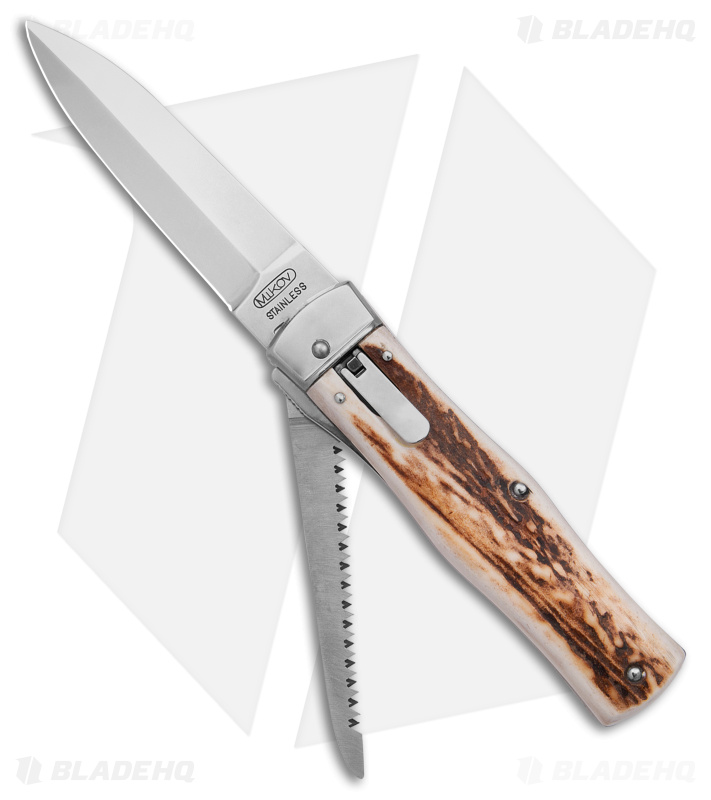 Mikov 241 Predator Lever Lock Automatic Knife w/ Saw Stag Horn (3.75" Polish)