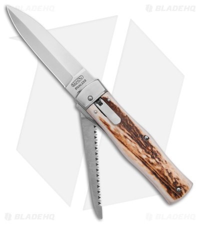 Mikov 241 Predator Lever Lock Automatic Knife w/ Saw Stag Horn (3.75" Polish)